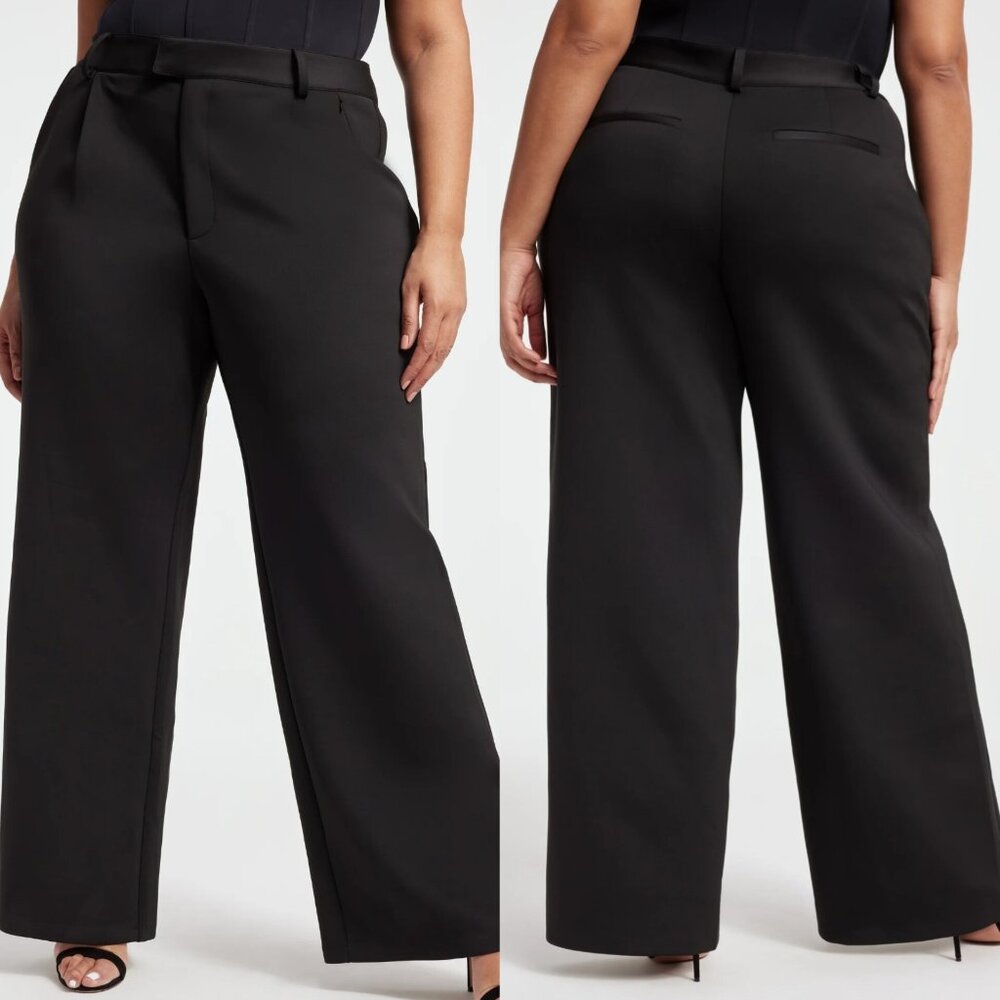 Good American Scuba Trousers Size 24 Wide Leg Pleated Pants Black